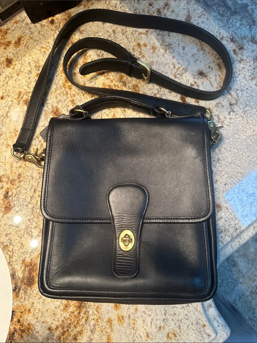 Coach Black Leather Shoulder Satchel with Gold-Tone Turnlock